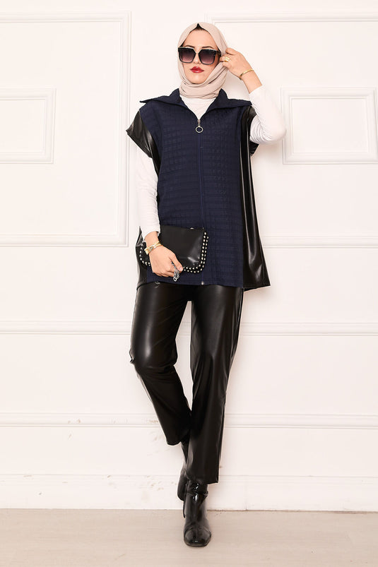 Quilted Leather Combined Two-Piece Suit Navy Blue