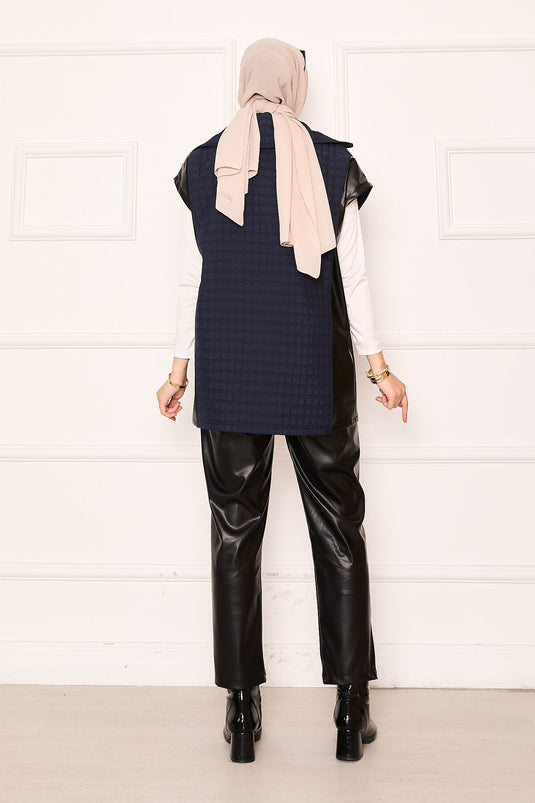 Quilted Leather Combined Two-Piece Suit Navy Blue