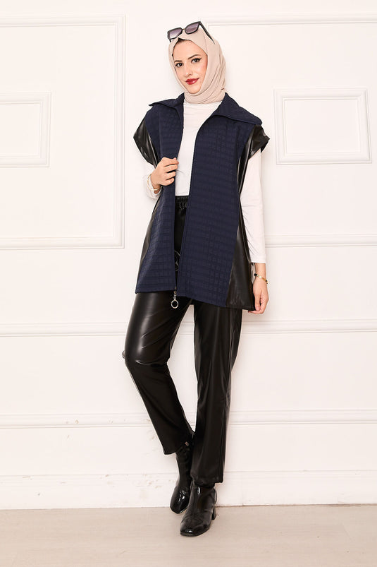 Quilted Leather Combined Two-Piece Suit Navy Blue