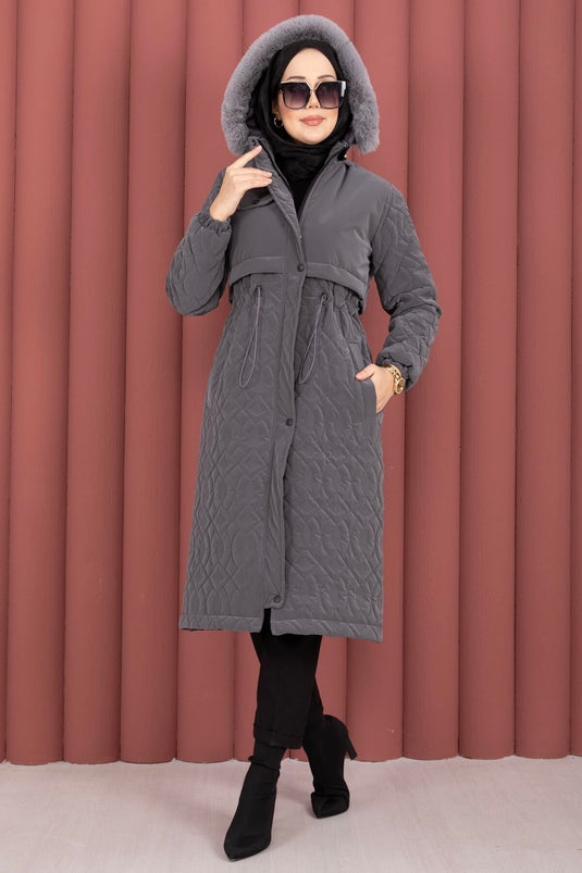 Quilted Pattern Fur Hooded Nova Coat Smoke Gray