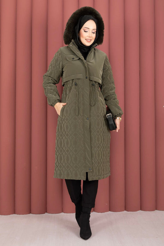 Quilted Pattern Fur Hooded Nova Coat Khaki