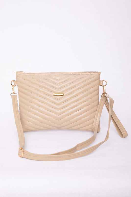 Quilted Patterned Zippered Clutch Bag Beige
