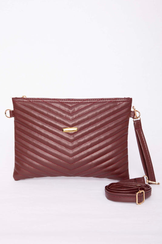 Quilted Patterned Zippered Clutch Bag Burgundy