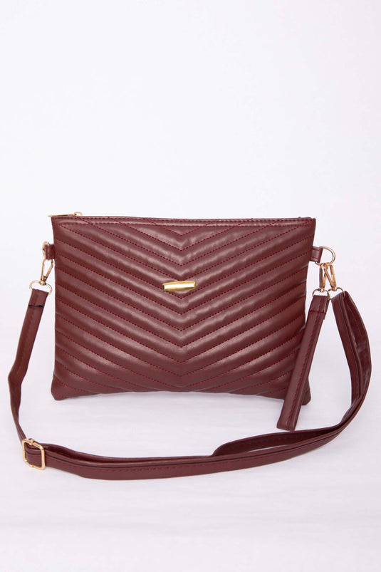 Quilted Patterned Zippered Clutch Bag Burgundy