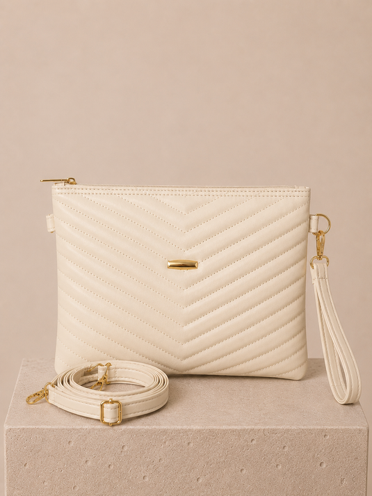 Quilted Pattern Zippered Clutch Bag Cream