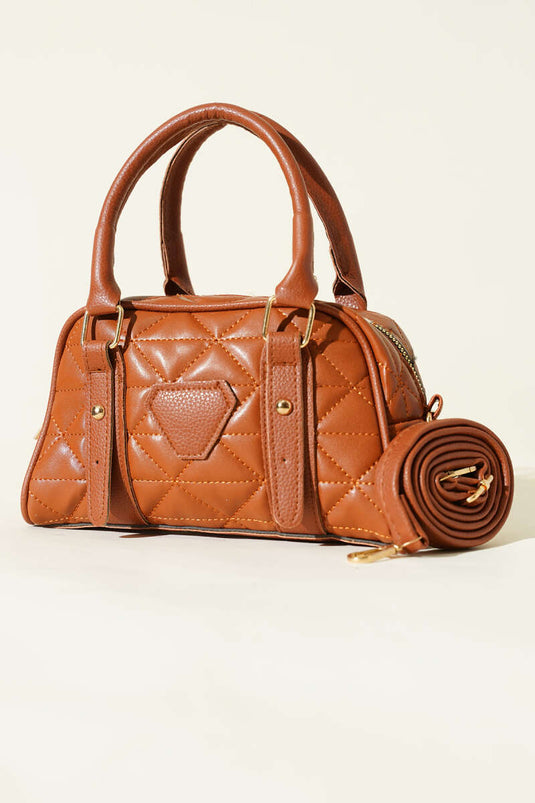 Borsa con cerniera e dettagli trapuntati, marrone chiaro