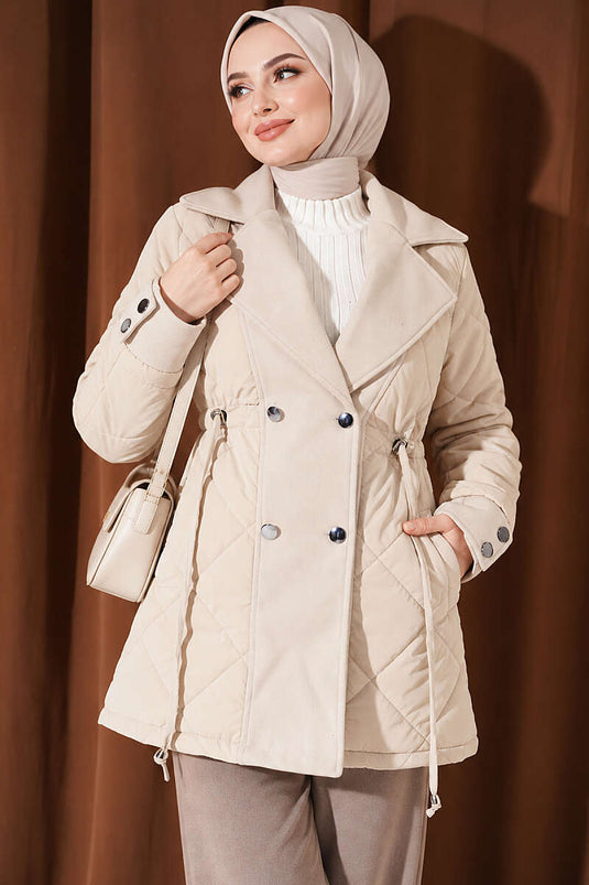Beige Steppmantel Mit Umlegekragen