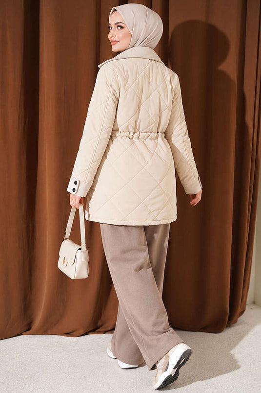 Beige Steppmantel Mit Umlegekragen