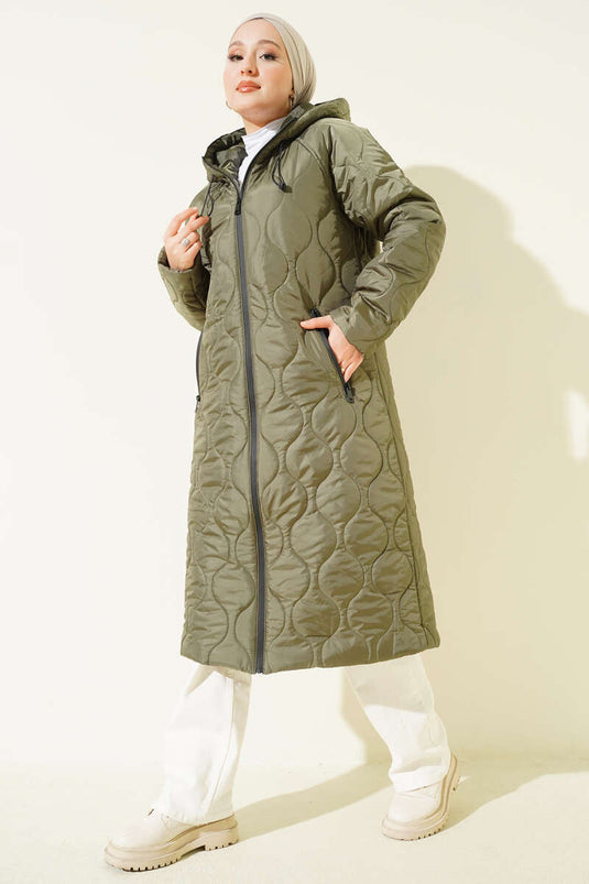 Quilted Zippered Hooded Coat Khaki