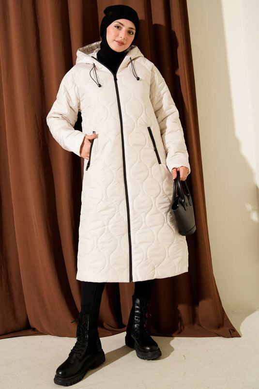 Kapitone Fermuarlı Kapüşonlu Mont Taş