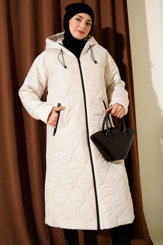 Kapitone Fermuarlı Kapüşonlu Mont Taş