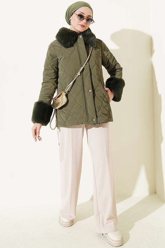Hooded Quilted Coat With Fur Detail In Khaki