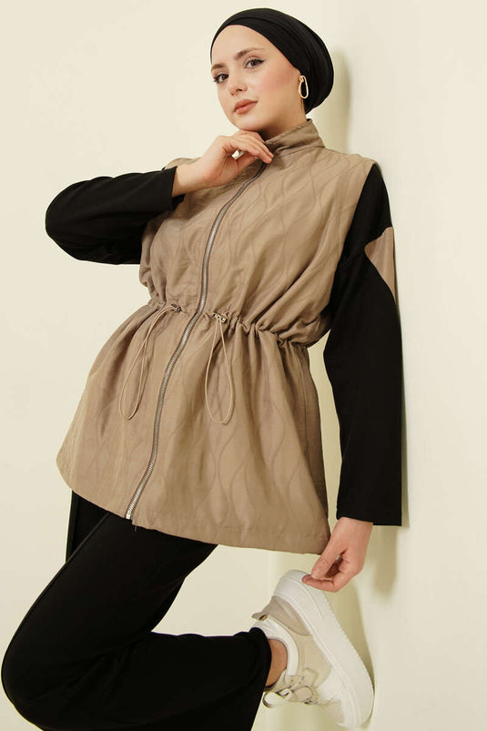 Quilted Vest with Zipper Three-Piece Set Beige