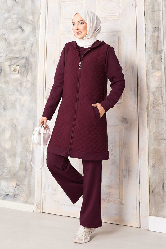 Kapitone Yelekli Üçlü Takım Bordo