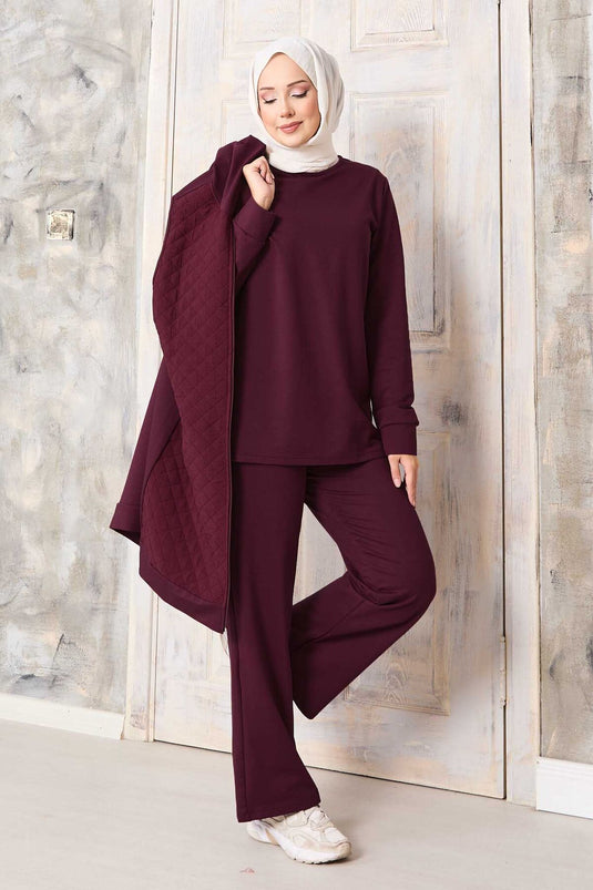 Kapitone Yelekli Üçlü Takım Bordo