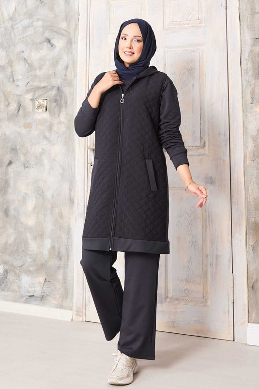 Kapitone Yelekli Üçlü Takım Füme