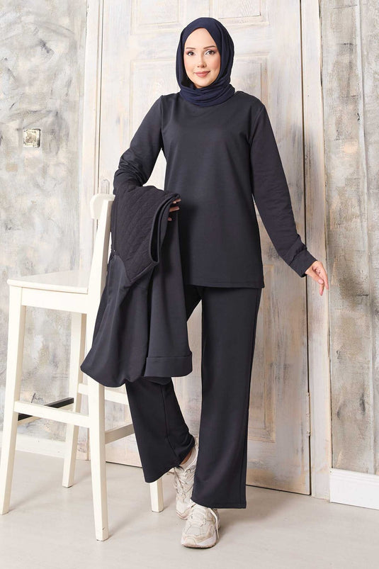 Kapitone Yelekli Üçlü Takım Füme