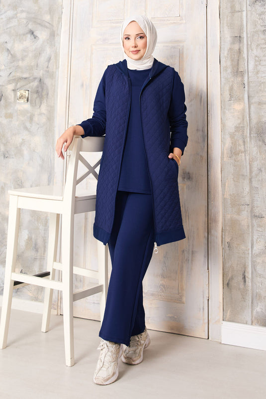 Capitone Vested Three-Piece Set in Navy Blue
