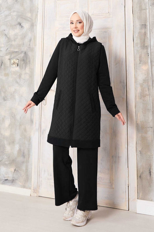 Kapitone Yelekli Üçlü Takım Siyah