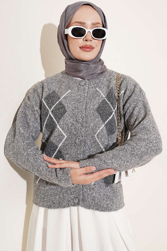 Gilet Gris À Boutons Et Motif Baklava