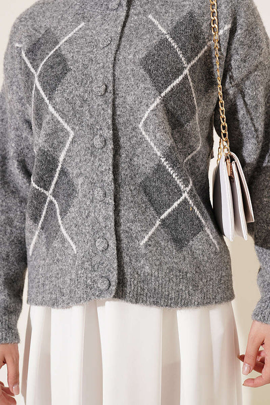 Gilet Gris À Boutons Et Motif Baklava