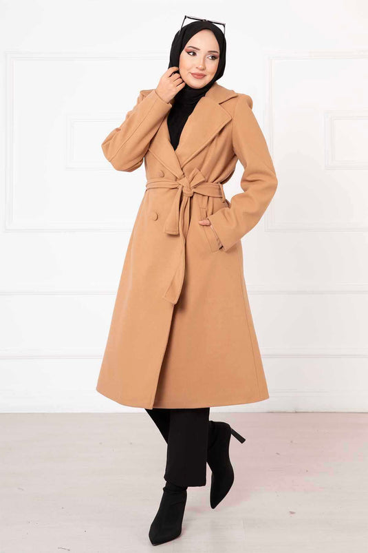 Kaplama Düğmeli Kaşe Kaban Camel