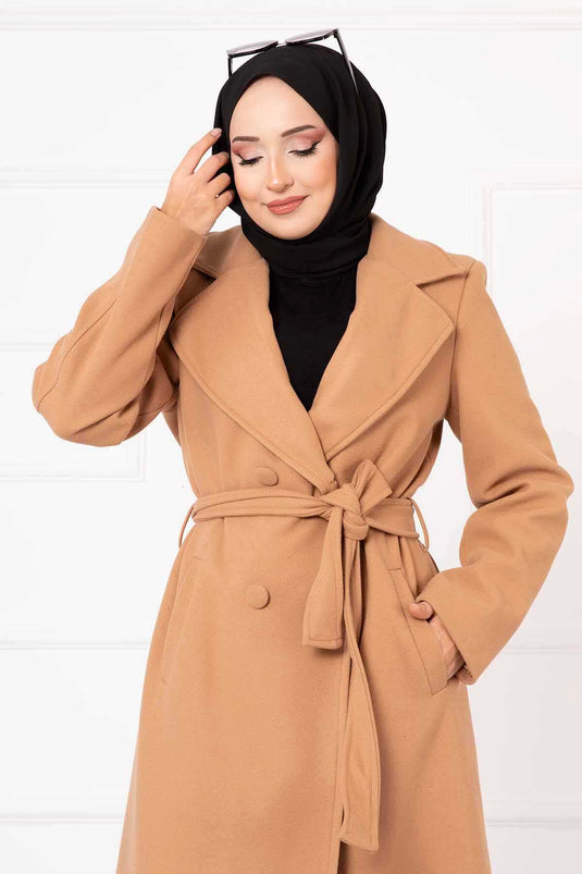 Kaplama Düğmeli Kaşe Kaban Camel