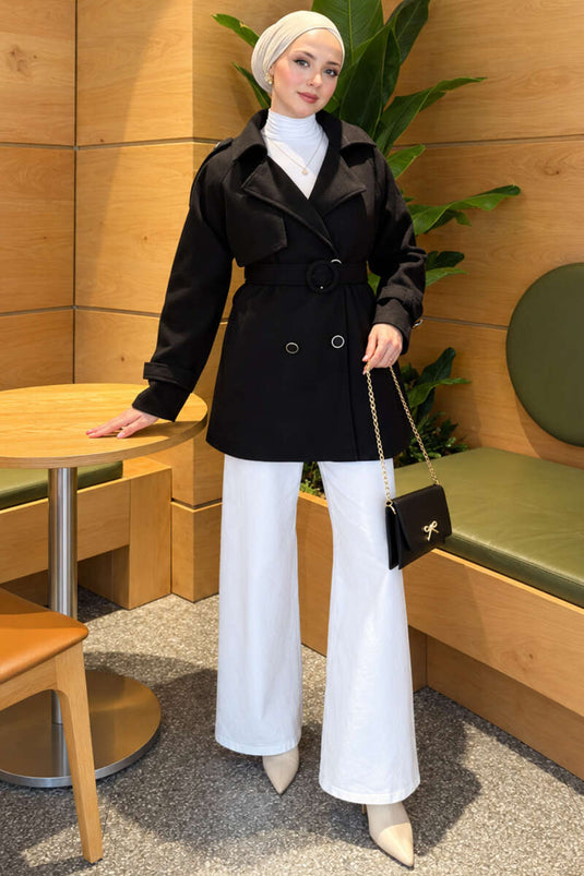 Cappotto Nero Con Cintura E Bottoni