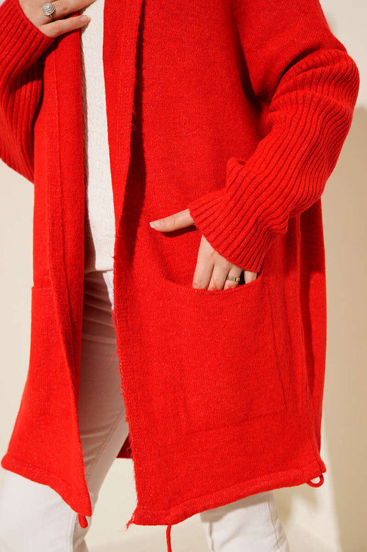 Strickjacke mit Kapuze und zwei Taschen, Rot