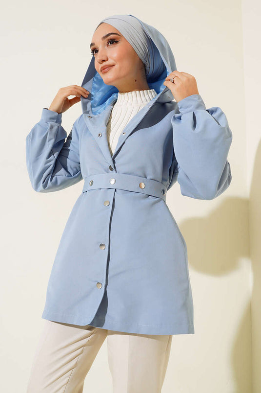 Kapşonlu Çıt Çıt Kısa Trenç Bebe Mavi