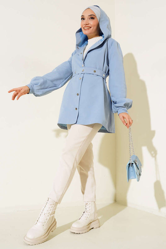 Kapşonlu Çıt Çıt Kısa Trenç Bebe Mavi