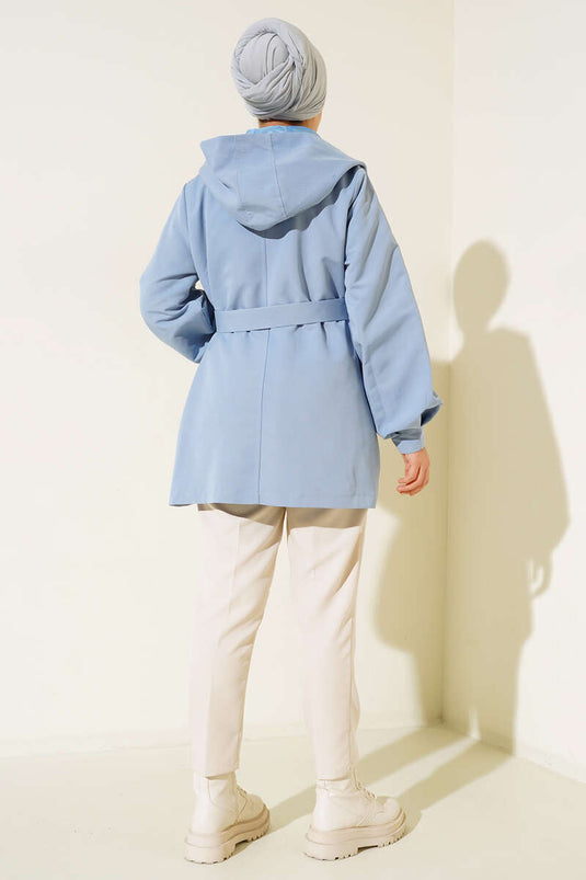 Kapşonlu Çıt Çıt Kısa Trenç Bebe Mavi