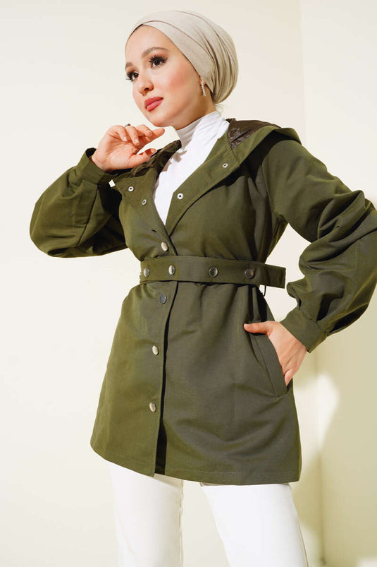Hooded Snap Button Short Trench Olive