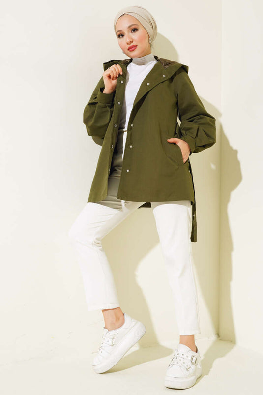 Hooded Snap Button Short Trench Olive