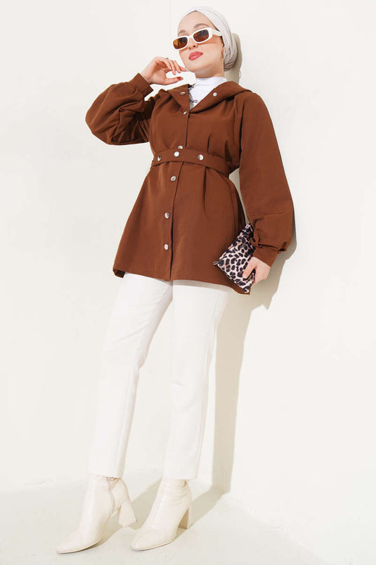 Hooded Snap Button Short Trench Coffee