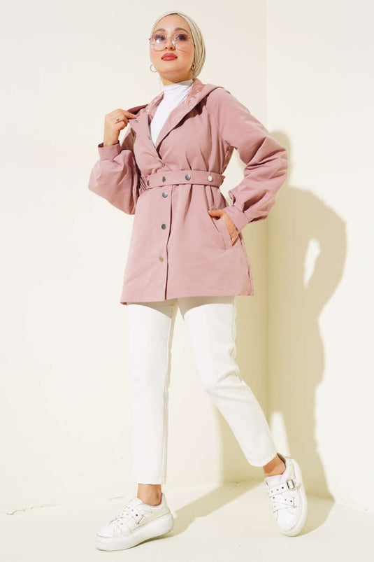 Hooded Snap Button Short Trench Powder