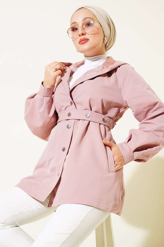 Hooded Snap Button Short Trench Powder