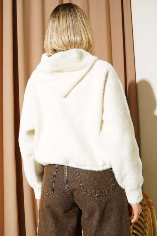 Hooded Cardigan with Snap Buttons and Pockets, Ecru