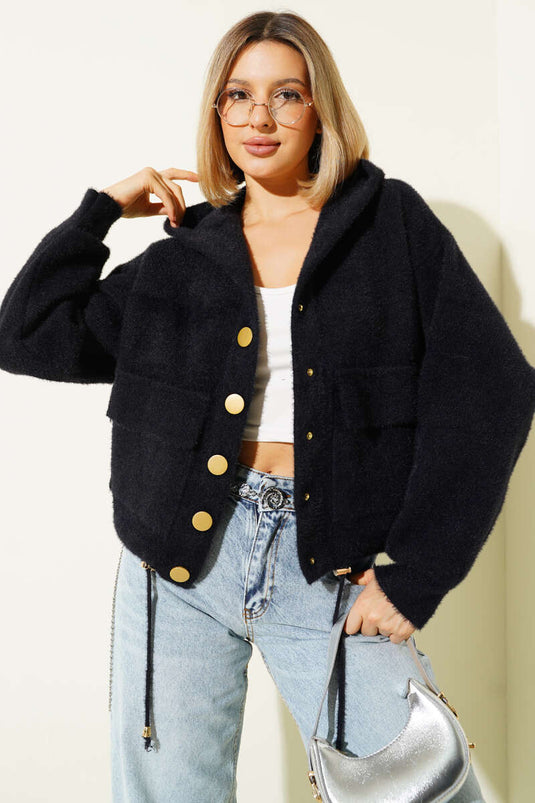 Hooded Cardigan with Snap Buttons and Pockets, Black