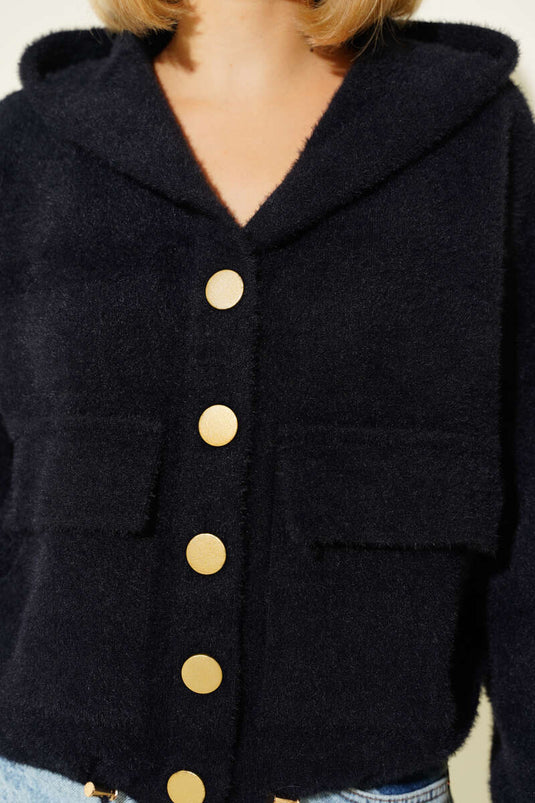 Hooded Cardigan with Snap Buttons and Pockets, Black