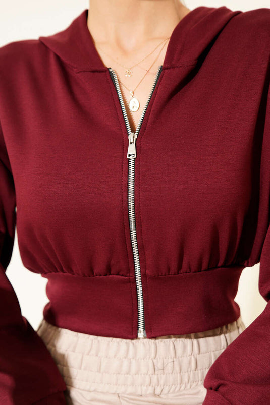 Kort vest met capuchon en ritssluiting, bordeauxrood