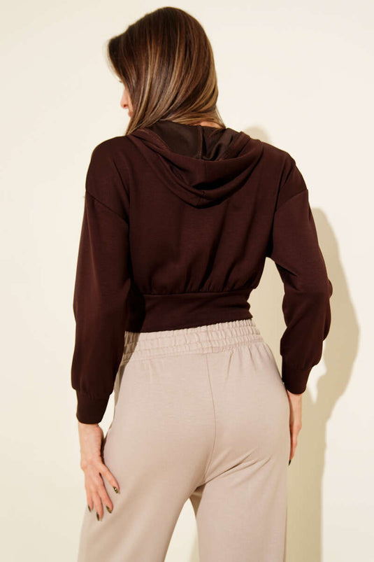 Gilet court à capuche zippé, marron