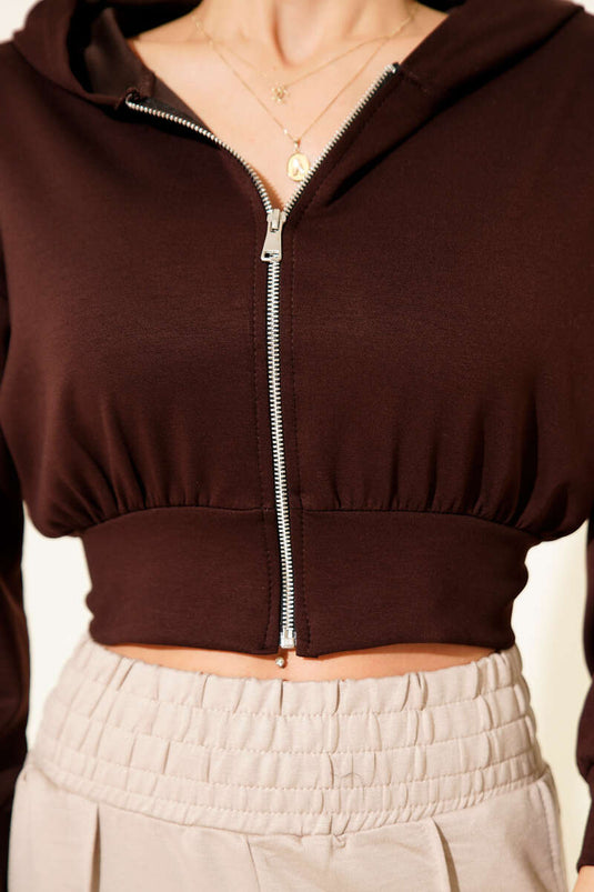 Gilet court à capuche zippé, marron