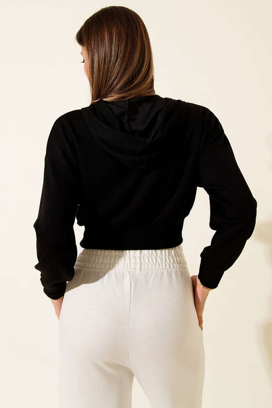 Gilet court à capuche zippé, noir