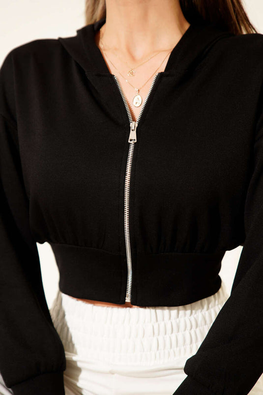 Gilet court à capuche zippé, noir