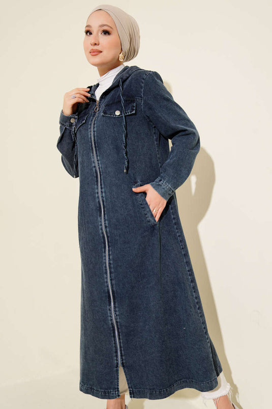 Hooded Zip-Up Long Cardigan Denim