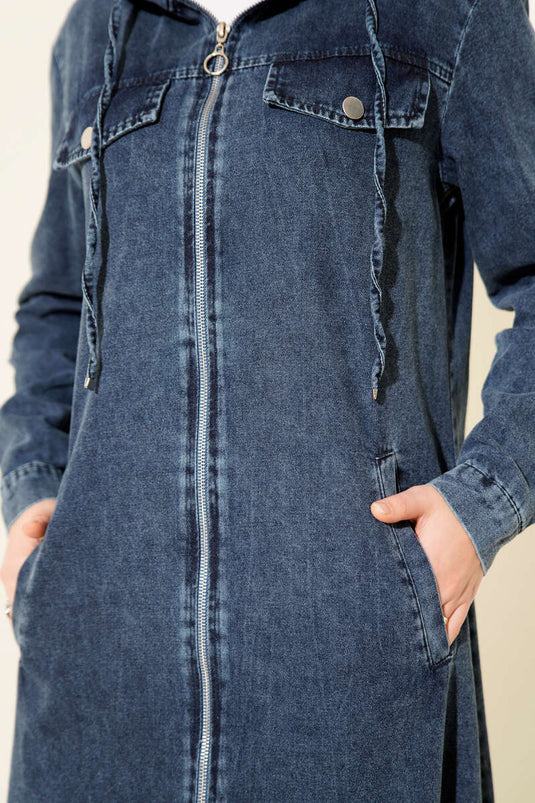 Hooded Zip-Up Long Cardigan Denim