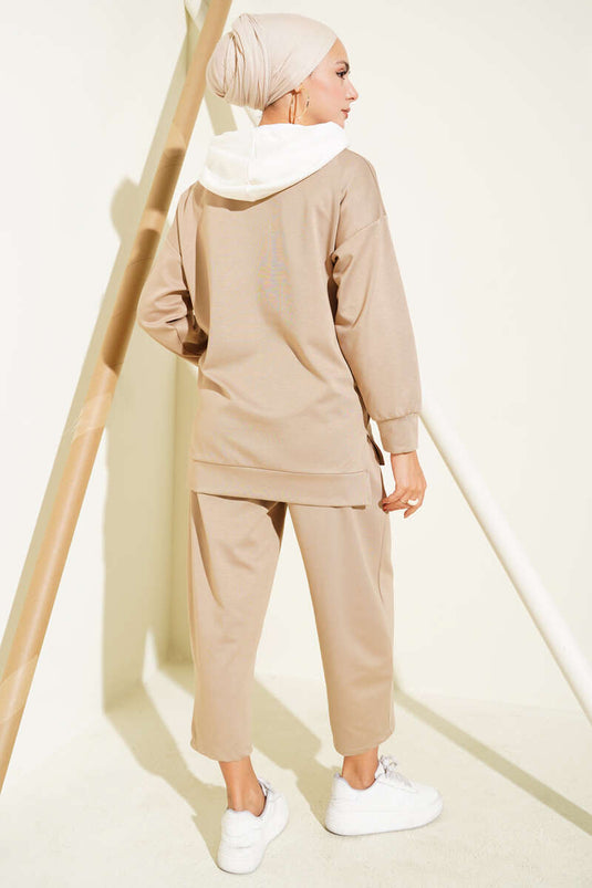 Beige Hooded Garnished Two-Piece Set