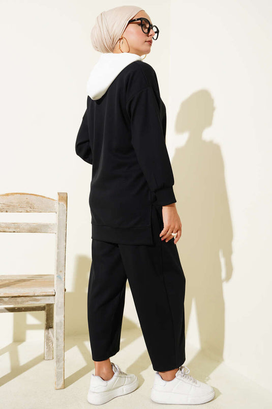 Black Hooded Embellished Two-Piece Set