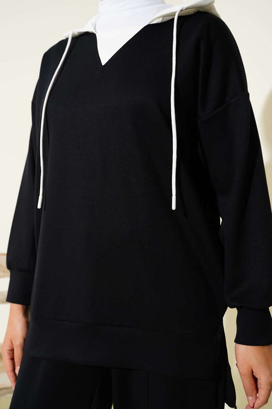 Black Hooded Embellished Two-Piece Set